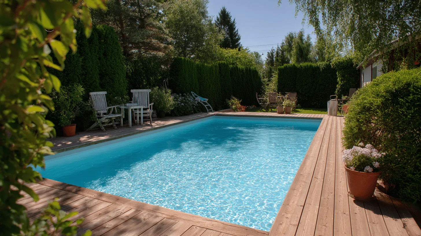 Midcent: Poolområde med trädeck och grönska skapar en avslappnande sommaridyll i trädgården. Perfekt för utomhusavkoppling och svalkande dopp. En harmonisk oas för lata sommardagar och sociala sammankomster. Resa.
