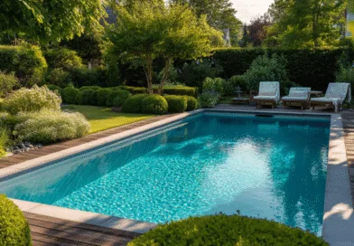 Midcent Trädgård: Elegant utomhuspool omgiven av välskötta gröna buskar och träd. Soldränkta solstolar inbjuder till avkoppling i en lugn och lyxig miljö. Perfekt för en sommaroas i hemmet. Kategori: Underhållning.