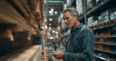 En medelålders man granskar byggmaterial i en välfylld lagerlokal. Bilden fångar känslan av noggrannhet och beslutstagande i gör-det-själv-projekt. Utmärkt för innehåll kring renovering och heminredning. Midcent. Kategori: Teknik