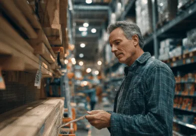 En medelålders man granskar byggmaterial i en välfylld lagerlokal. Bilden fångar känslan av noggrannhet och beslutstagande i gör-det-själv-projekt. Utmärkt för innehåll kring renovering och heminredning. Midcent. Kategori: Teknik