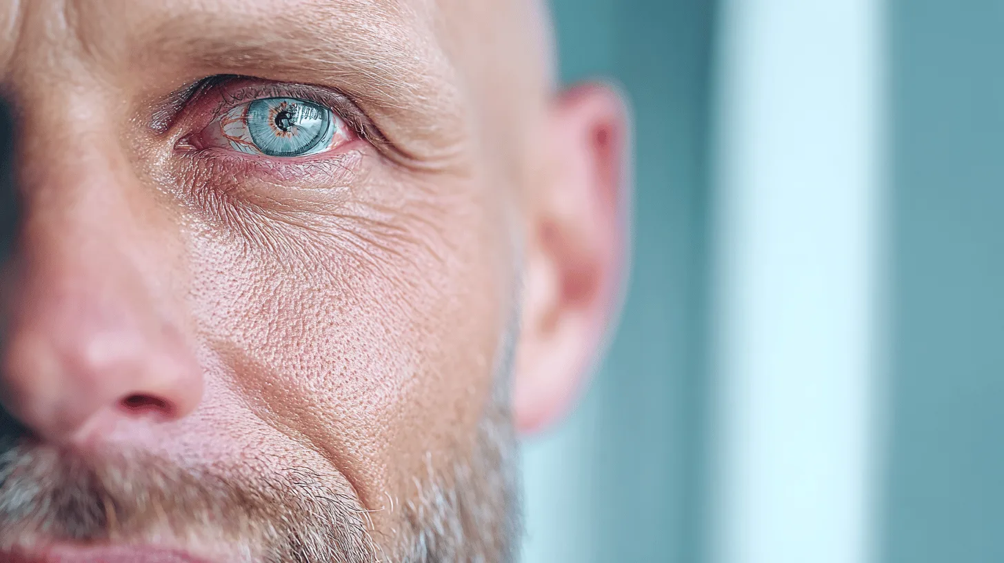 Midcent: Närbild av en medelålders mans ansikte med fokus på ögat. Klara detaljer och djupgående blick ger en känsla av visdom och erfarenhet. Bilden betonar huden och ögats skarpskurenhet. Kategori: Samhälle.