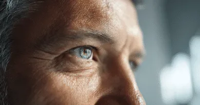 Midcent: Närbild på en medelålders mans ansikte, fokuserat på ögonen och hudens textur, vilket framhäver livserfarenhet och visdom. Perfekt för artiklar inom personlig utveckling och reflektion. Kategori: Samhälle.