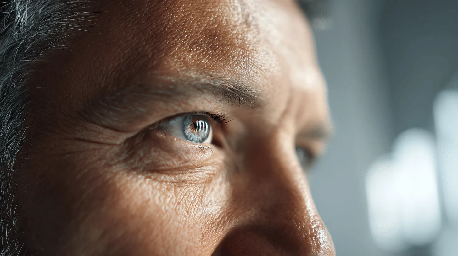 Midcent: Närbild på en medelålders mans ansikte, fokuserat på ögonen och hudens textur, vilket framhäver livserfarenhet och visdom. Perfekt för artiklar inom personlig utveckling och reflektion. Kategori: Samhälle.