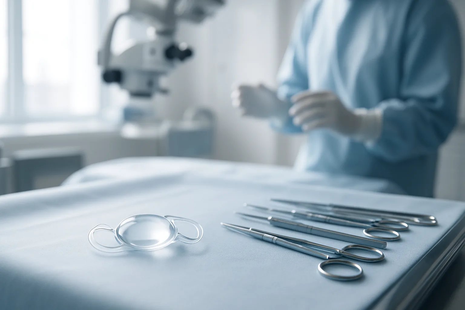 Midcent presenterar en steril operationssal med kirurgiska verktyg, inklusive en intraokulär lins och instrument, redo för användning. Fokus på precision och sterilitet inom medicinteknik. Kategori: Hälsa.