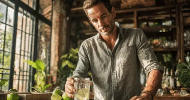 Midcent: En medelålders man förbereder en drink i ett charmigt, grönskande kafé, omgiven av färska limefrukter och växter. Den rustika atmosfären ger en känsla av avslappnad elegans. Mat.