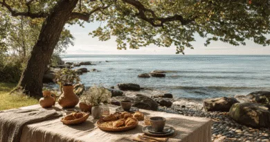 Midcent: En idyllisk frukost vid havet med frodig grönska och klippor, där naturens skönhet omger en dukad bord med bakverk och kaffe i det mjuka morgonljuset. Perfekt för avkoppling och njutning. Kategori: Mat.