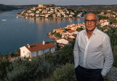 Midcent presenterar en medelålders man framför en pittoresk kustby med småbåtshamn och vacker natur. Perfekt för avkopplande och inspirerande upplevelser. Resa.