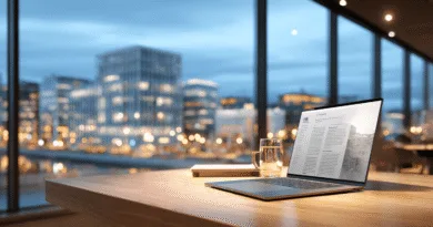 Midcent: Professionell arbetsplats med modern laptop, glasvatten och noteringsbok i exklusivt kontorslandskap med stadsutsikt. Perfekt för kreativitet, fokus och produktivitet. Inspirerande miljö som främjar innovation och effektivitet. Läget bidrar till professionell utveckling och nätverksmöj