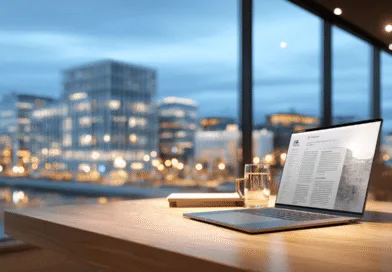 Midcent: Professionell arbetsplats med modern laptop, glasvatten och noteringsbok i exklusivt kontorslandskap med stadsutsikt. Perfekt för kreativitet, fokus och produktivitet. Inspirerande miljö som främjar innovation och effektivitet. Läget bidrar till professionell utveckling och nätverksmöj