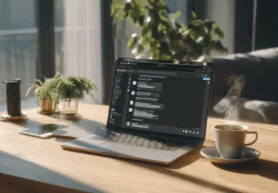 Midcent: En modern bärbar dator med öppen chattsida står på ett solbelyst bord bredvid en kaffekopp och växt. Perfekt miljö för kreativt arbete och produktivitet. Teknisk elegans harmoniserar med naturinslag. Kategori: Teknik.