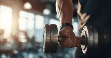 Midcent: En medelålders man lyfter en hantel på gymmet, vilket framhäver styrketräningens betydelse för hälsa och fitness. Solens strålar förstärker den motiverande atmosfären. Kategori: Hälsa.