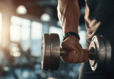 Midcent: En medelålders man lyfter en hantel på gymmet, vilket framhäver styrketräningens betydelse för hälsa och fitness. Solens strålar förstärker den motiverande atmosfären. Kategori: Hälsa.