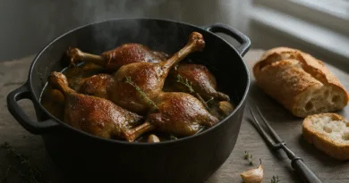 Midcent: En lockande gryta med saftiga kycklingben, garnerade med färsk timjan, ångar från bordet. Perfekt ackompanjerad av nybakat bröd - en läcker scen av rustik matlagning.Kategori: Mat.