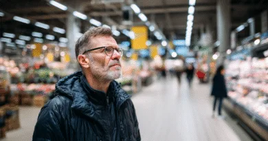 En medelålders man med skägg och glasögon, klädd i mörk jacka, står i en upplyst livsmedelsbutik. Han verkar beslutsam och fokuserad, omgiven av hyllor fyllda med varor.Midcent: Samhälle.