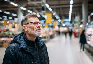 En medelålders man med skägg och glasögon, klädd i mörk jacka, står i en upplyst livsmedelsbutik. Han verkar beslutsam och fokuserad, omgiven av hyllor fyllda med varor.Midcent: Samhälle.