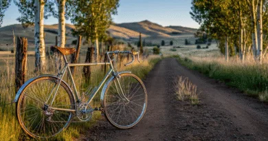 Midcent: En vintagecykel står bredvid en landsväg omgiven av träd och berg i horisonten, vilket skapar en fridfull och naturnära atmosfär. Perfekt för den som älskar landsbygd och cykling. Kategori: Resa.