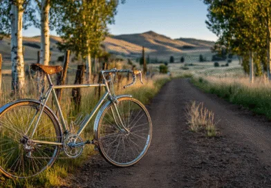 Midcent: En vintagecykel står bredvid en landsväg omgiven av träd och berg i horisonten, vilket skapar en fridfull och naturnära atmosfär. Perfekt för den som älskar landsbygd och cykling. Kategori: Resa.