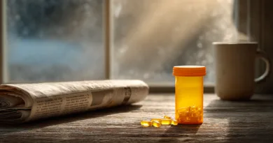 Midcent erbjuder insikter om hälsosamma livsstilsval. Bilden visar en medelålders man som läser en tidning medan kosttillskott finns i fokus. Låt dig inspireras av betydelsen av hälsovård och kosttillskott. Kategori: Hälsa.