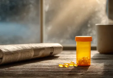 Midcent erbjuder insikter om hälsosamma livsstilsval. Bilden visar en medelålders man som läser en tidning medan kosttillskott finns i fokus. Låt dig inspireras av betydelsen av hälsovård och kosttillskott. Kategori: Hälsa.