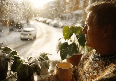 Midcent: En medelålders man sitter vid fönstret och njuter av en vinterutsikt med en kopp i handen. Snö faller utanför. Växter pryder fönsterbrädan, vilket skapar en varm och mysig atmosfär. Kategori: Samhälle.