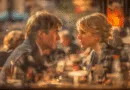 Midcent: En medelålders man och en kvinna har ett intensivt samtal på en mysig kafé, omgivna av suddiga ljus och reflektioner, vilket skapar en intim atmosfär. Underhållning.