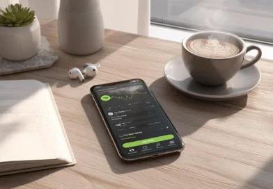 Midcent skapar en stämningsfull vardagsscen med smartphone och hörlurar på träbord. Perfekt för morgonens musikinspiration, med en varm dryck och anteckningar. Teknologins enkelhet förstärks av naturligt ljus. Kategori: Underhållning.