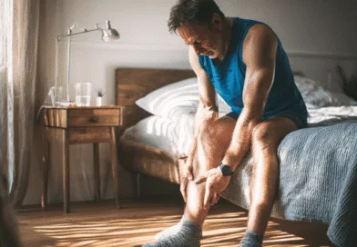 En medelålders man sitter på sängkanten och gnuggar sitt ben i morgonsolens sken, vilket indikerar smärta eller stelhet. Midcent. Hälsa.