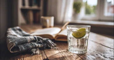 Midcent: Ett glas med bubbelvatten och lime står på ett rustikt träbord, omgiven av en filt och en bok, vilket skapar en