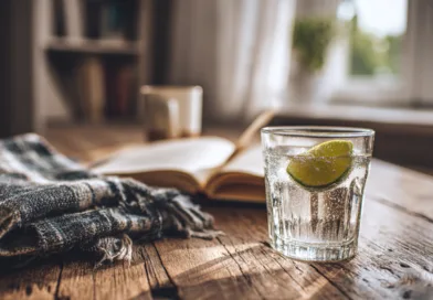 Midcent: Ett glas med bubbelvatten och lime står på ett rustikt träbord, omgiven av en filt och en bok, vilket skapar en