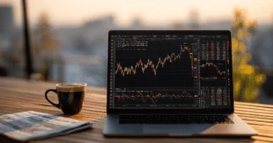Midcent: En bärbar dator visar komplex finansdata med grafer, omgiven av en kaffekopp och en tidning, vilket skapar en atmosfär av morgonanalys och finansiell planering på en träyta. Kategori: Ekonomi.