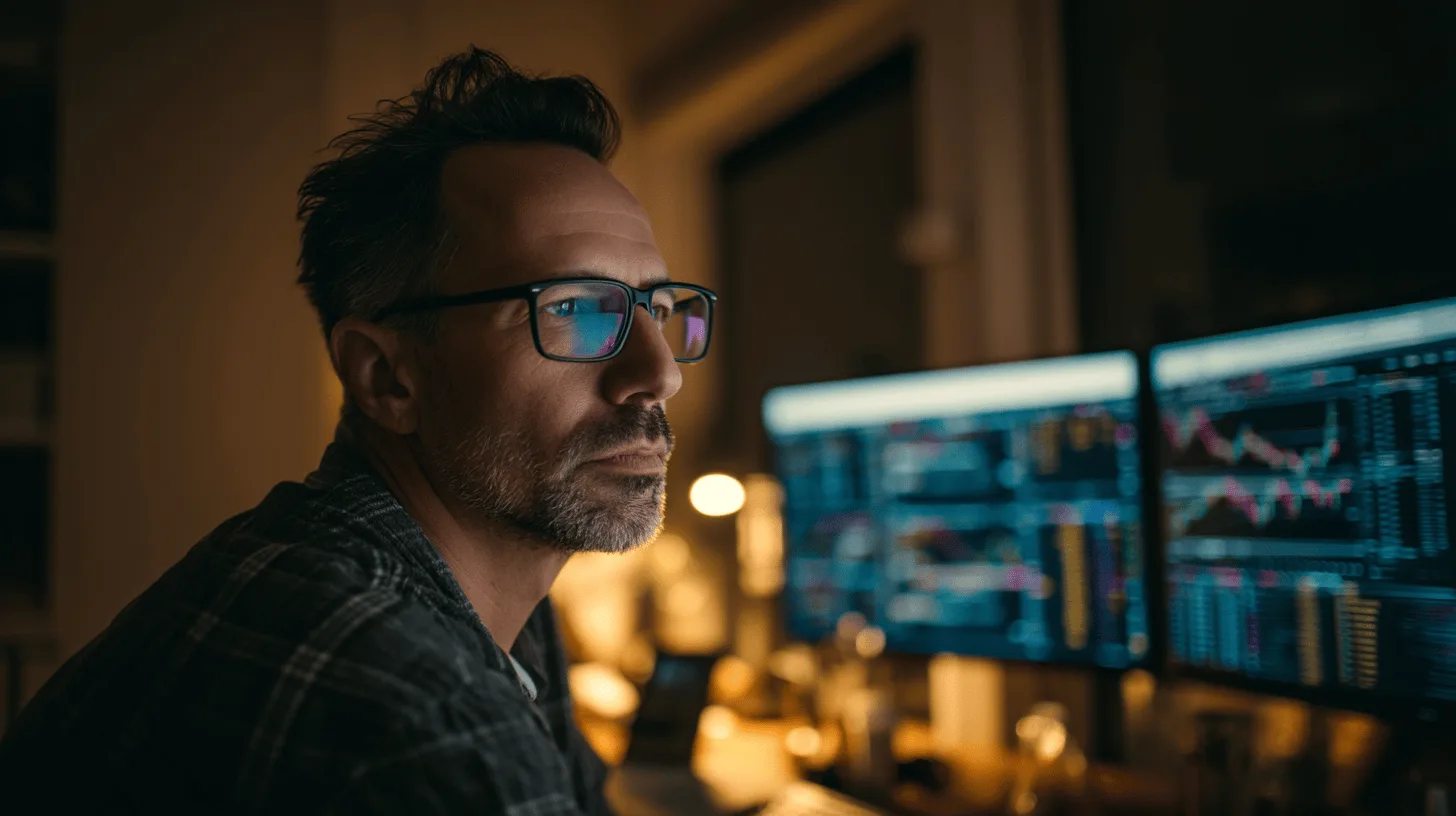 Midcent presenterar en medelålders man framför datorer med ekonomiska diagram och grafer. Perfekt belysning för fokus på marknadsanalyser och investeringsstrategier. Nyckelord: Ekonomi, finans, dataanalys, investeringar, grafik, nattarbete. Kategori: Ekonomi.