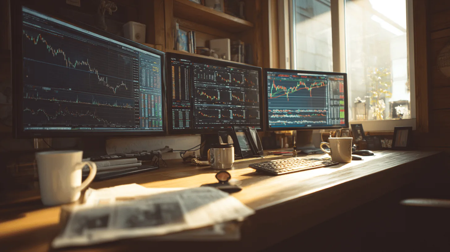 Midcent: En trevlig hemmakontorsmiljö med tre skärmar som visar aktiediagram och analyser. Perfekt för den som arbetar inom finans och trading. Dagens ekonomi och finansiella verktyg i fokus. Kategorin är Ekonomi.