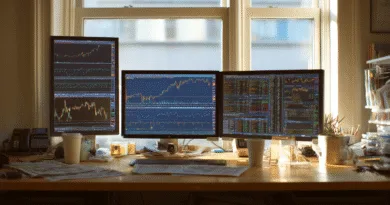 Midcent: Avancerad handelsstation med flera skärmar visar aktiemarknadsdata. Perfekt för finansanalys och investering. Kontorsmiljö med fokus på ekonomi och strategi. Optimerar arbetsflödet för ekonomiska experter och daytraders.Kategori: Ekonomi.