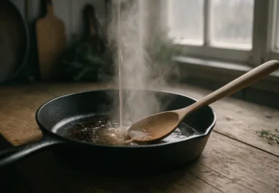 Midcent: Het stekpanna med ångande matlagning på rustikt träbord. Perfekt för kockar och matentusiaster som söker inspiration och smakupplevelser i köket. Mat.