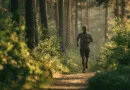 Midcent: En medelålders man joggar genom en solbelyst skogsstig, omgiven av grönska och stillhet. Inspirerande löpning och naturupplevelse i harmoni.Kategori: Hälsa.
