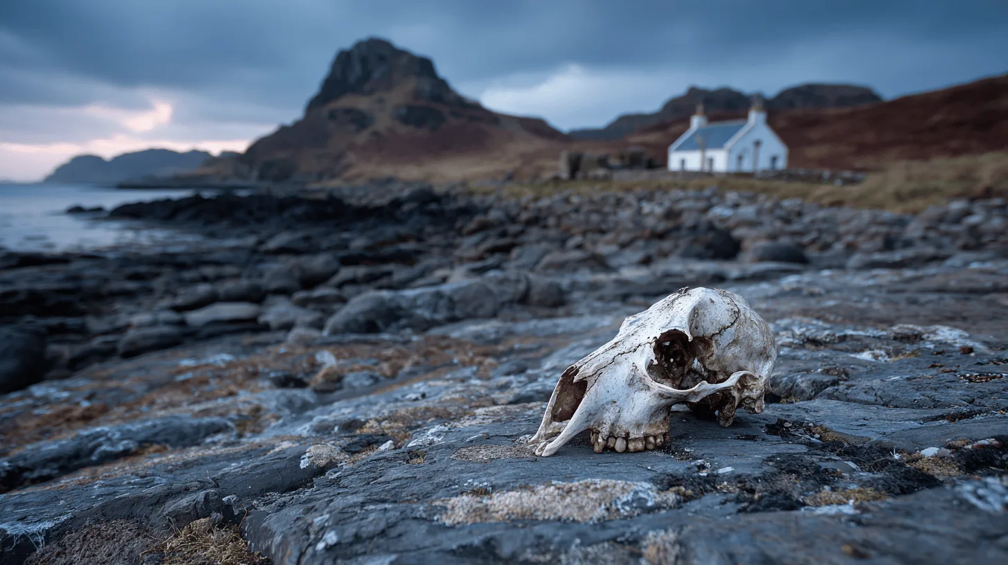Midcent: En ödslig strand med en gammal skalle ligger framför ett lantligt hus och berg under en dramatisk himmel. Evokativ och tankeväckande landskapsfotografering som utforskar naturens och tidens gång. Resa.
