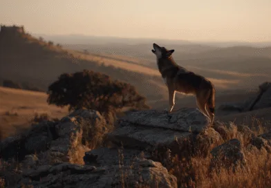 Midcent: En majestätisk varg ylar från en klippa i en gyllene solnedgång på landsbygden. Perfekt för den som söker vildmarkens skönhet och naturlig frihet. Kategori: Resa.