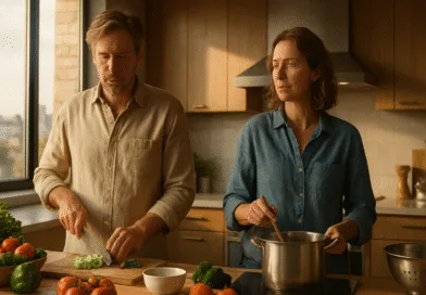 Midcent: I ett modernt kök lagar en medelålders man och kvinna mat tillsammans. Grönsaker skärs och soppa tillagas, vilket skapar en varm och harmonisk atmosfär. Perfekt för dig som värdesätter hemlagad mat och hälsosam livsstil.