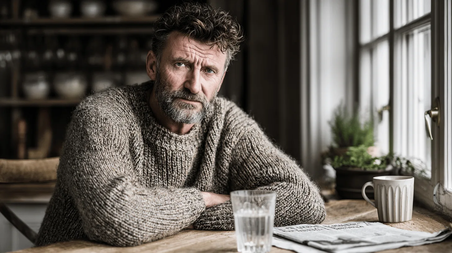 Midcent: En medelålders man sitter vid ett bord i naturligt ljus, klädd i en tjock stickad tröja med en kopp kaffe och en tidning. Kategorier: Samhälle.