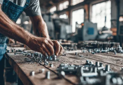 Midcent: En medelålders man arbetar koncentrerat med metallkomponenter i en industriell verkstadsmiljö, omgiven av verktyg och maskiner som signalerar precision och hantverksskicklighet. Ljuset filtreras genom stora fönster som skapar en arbetsintensiv atmosfär. K