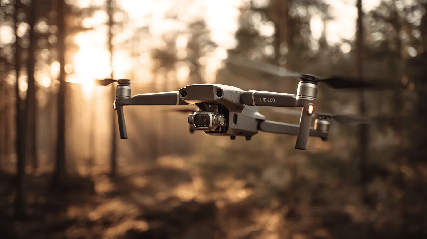 Drönare i skogsmiljö, fångad i gyllene solsken. De avancerade tekniska detaljerna hos drönaren framträder mot bakgrunden av träd. Midcent. Kategori: Teknik.