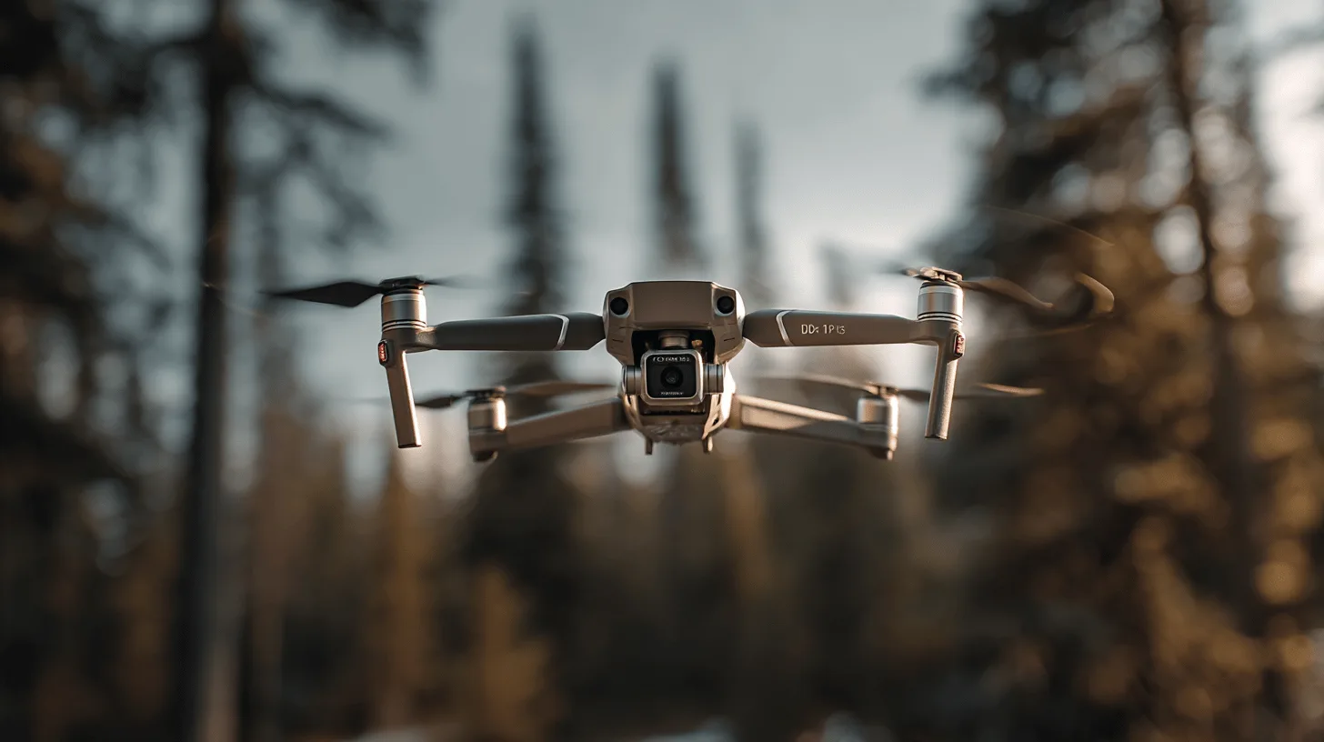 Midcent presenterar en avancerad drönare i luften, omgiven av skogslandskap. Den senaste tekniken inom drönarflygning visas upp, perfekt för övervakning och naturfotografering. Optimera ditt flygfotoäventyr med banbrytande funktioner. Kategori: Teknik.