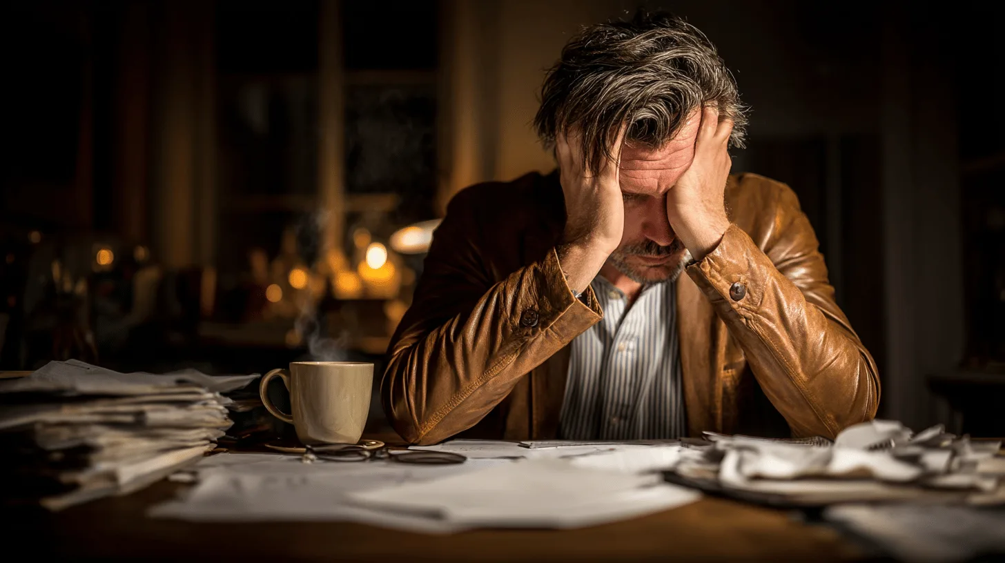Midcent: En medelålders man sitter vid ett skrivbord fullt av papper, med ansiktet i händerna, och en kopp kaffe bredvid. Stress och arbete i fokus.Kategori: Ekonomi.
