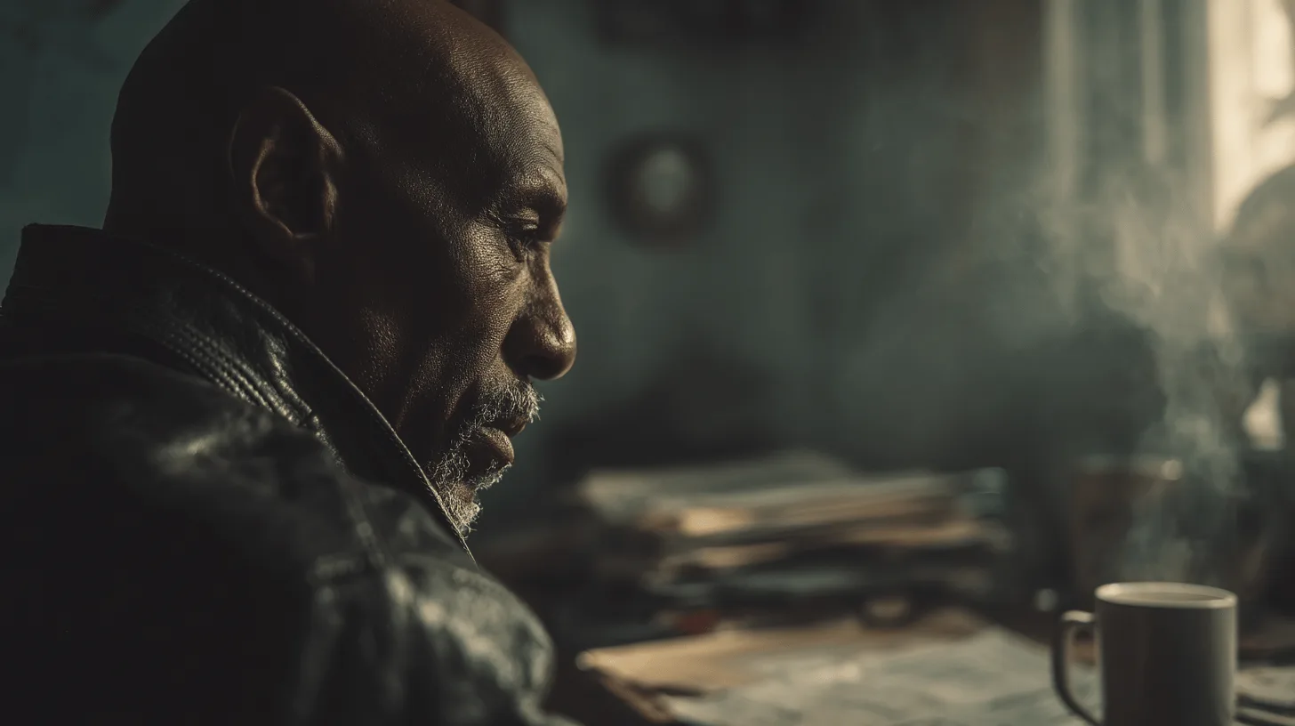 Midcent: En medelålders man sitter vid ett bord med en rykande kopp i närheten. Mörk och stämningsfull atmosfär med dokument i bakgrunden. Kategori: Samhälle.