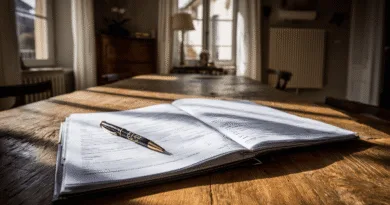 Midcent: En penna och ett öppet dokument på ett träbord i ett solbelyst rum symboliserar studier och produktivitet. Den varma atmosfären skapar en inspirerande arbetsmiljö. Kategori: Ekonomi.