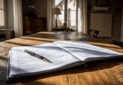 Midcent: En penna och ett öppet dokument på ett träbord i ett solbelyst rum symboliserar studier och produktivitet. Den varma atmosfären skapar en inspirerande arbetsmiljö. Kategori: Ekonomi.