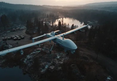 Midcent: En avancerad drönare svävar över en höstskogslandskap, upplyst av ett mjukt skymningsljus. Bilden förmedlar teknikens harmoni med naturen. Kategorin är Teknik.