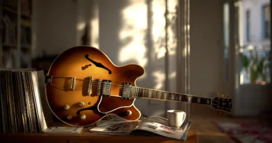 Midcent presenterar en stilren livsstilsmiljö med en vacker gitarr, vinylskivor och en kaffekopp. Denna bild fångar kreativitet och avslappning i hemmet. Kategori: Underhållning.