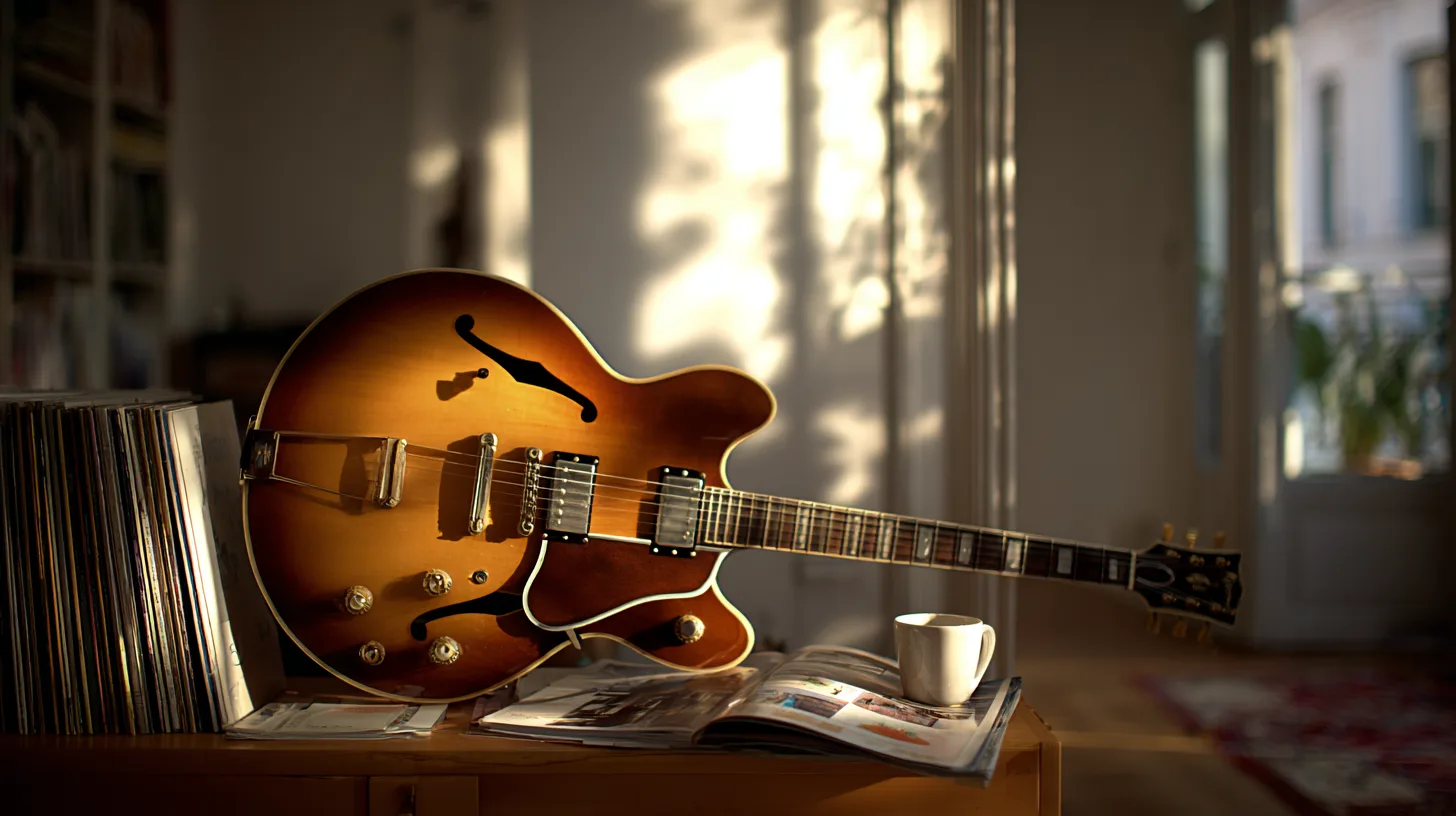 Midcent presenterar en stilren livsstilsmiljö med en vacker gitarr, vinylskivor och en kaffekopp. Denna bild fångar kreativitet och avslappning i hemmet. Kategori: Underhållning.