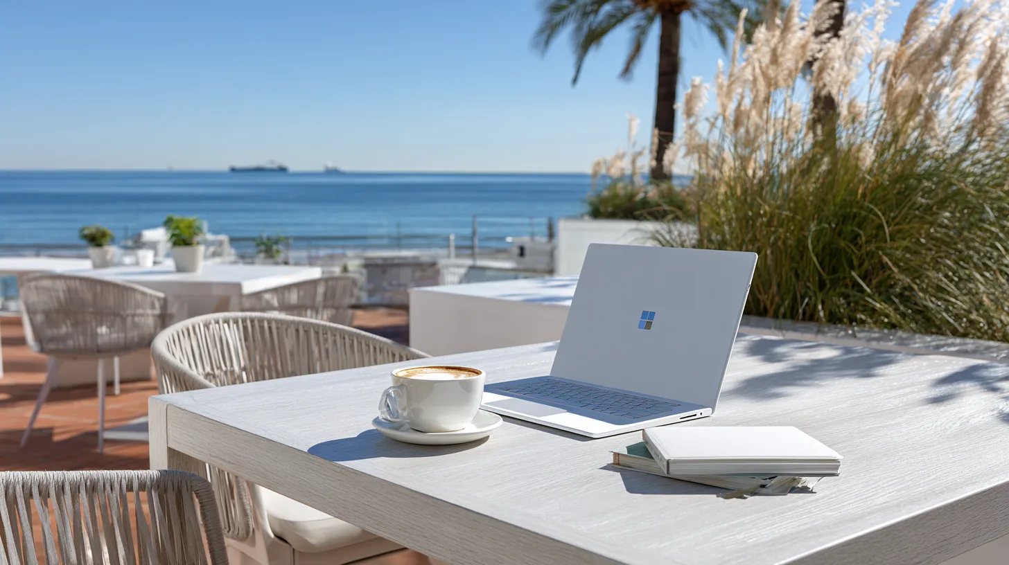 Midcent: En modern bärbar dator, anteckningsbok och kaffekopp på ett soldränkt kafébord vid havet skapar en inspirerande arbetsmiljö. Perfekt för produktivt arbete med drömlik utsikt.Kategori: Resa.